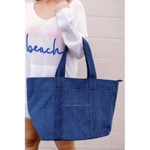Shira Leah Chicago Navy‎ Blue Cotton Terry Cloth Tote Bag Travel Beach